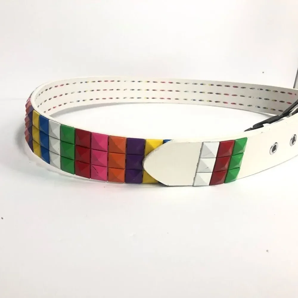 studded 3 row rainbow white leather belt emo pride lgbt size large kid‎ core